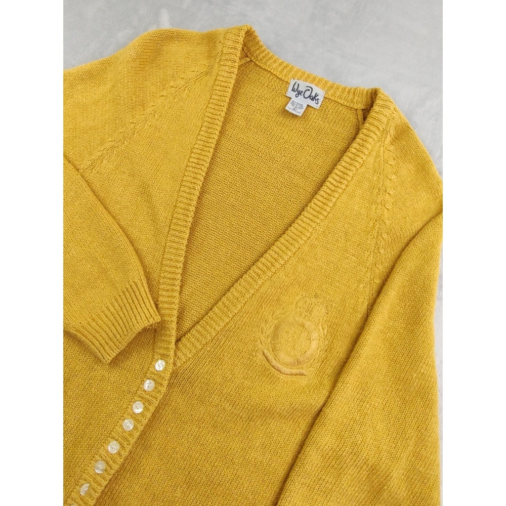 Wye Oaks Yellow Knit Cardigan Crest Emblem Button Front Pockets Women's Size L